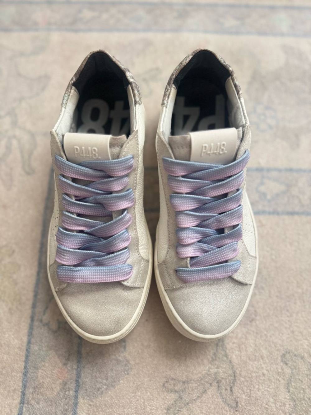 P448 Women's Light Gray Suede Sneakers with Pastel Pink and Blue Laces